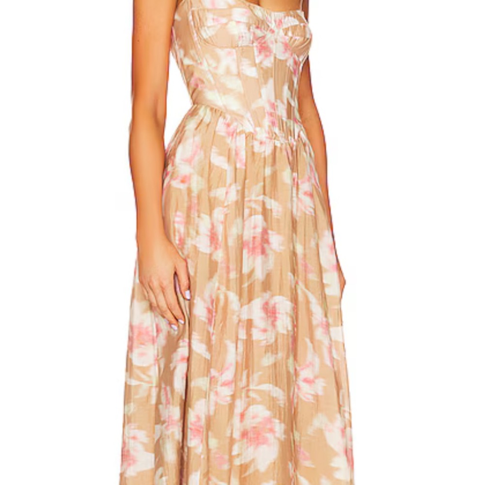 Bardot Strapless Floral Maxi Dress in Beige and Pink